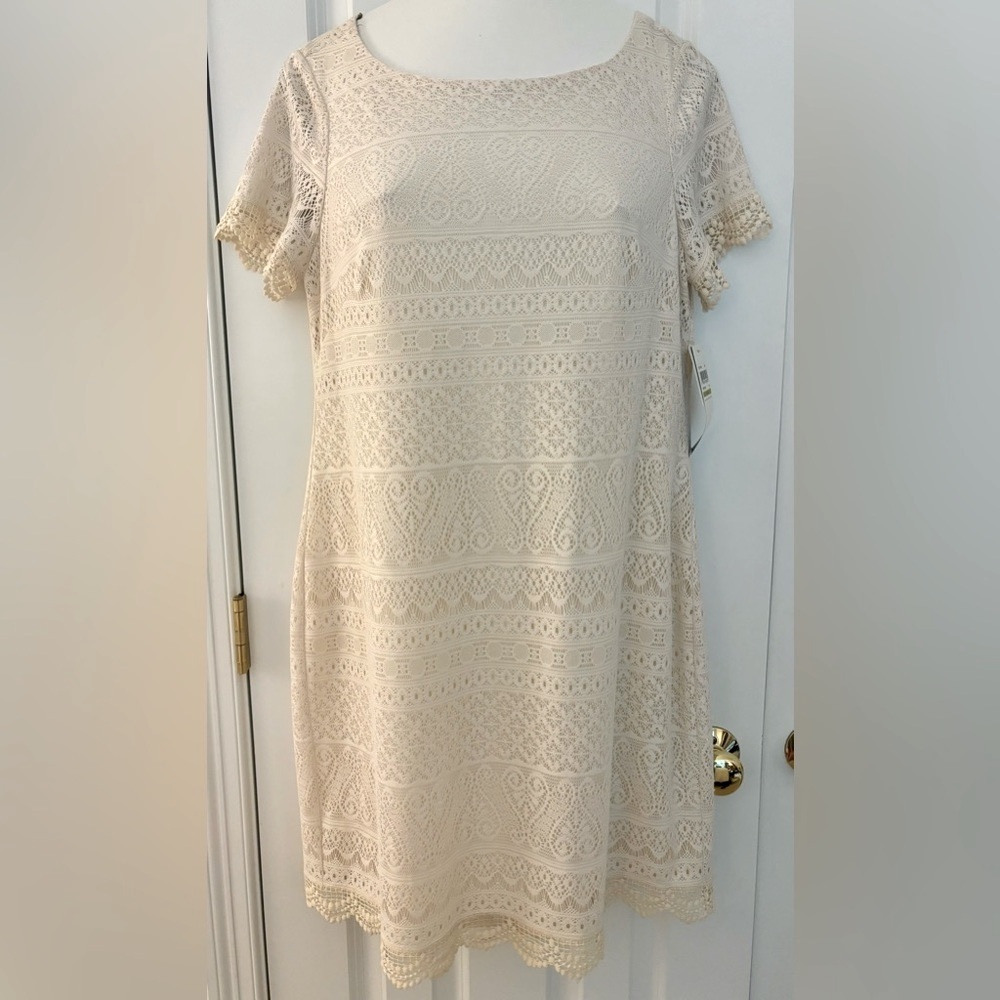 London Times Dress Shift cream boat neck lace scallop crochet trim lined 14 NWT - Picture 4 of 6
